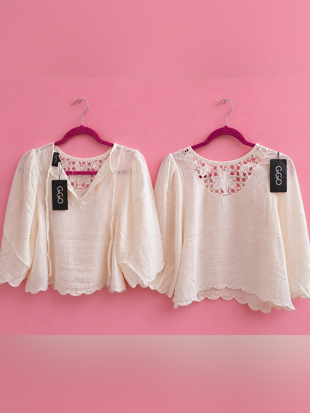 GIGI O Cream Crochet-Yoke Lightweight Peasant Blouse